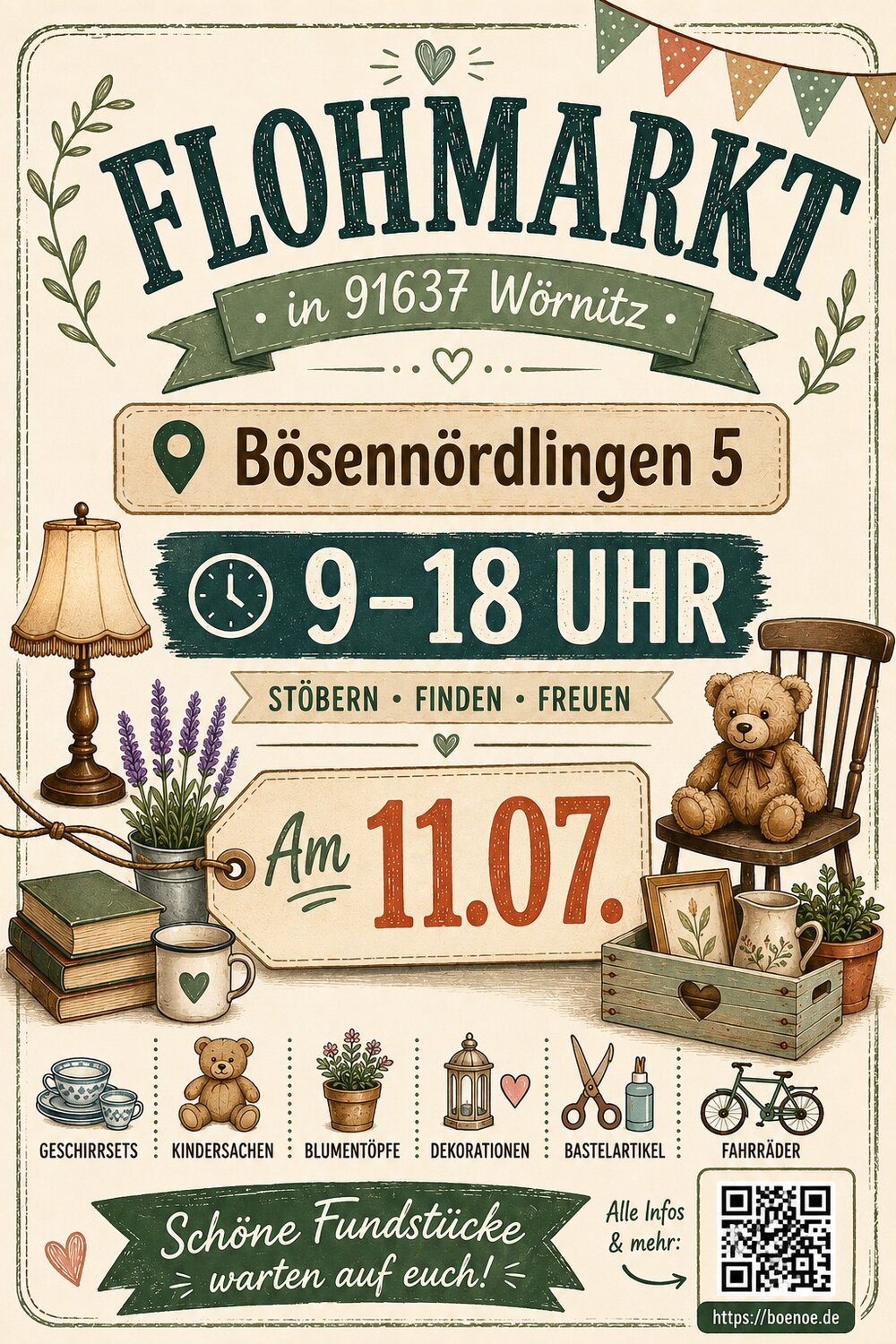Flohmarkt-Plakat: Hausflohmarkt in 91637 Wörnitz, Bösennördlingen 5, nur am 11.07., 9-18 Uhr